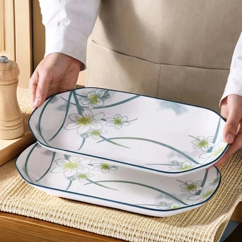 蒸鱼盘子釉下彩家用大号鱼盘陶瓷椭圆方形鱼盘饭餐盘菜盘创意简约