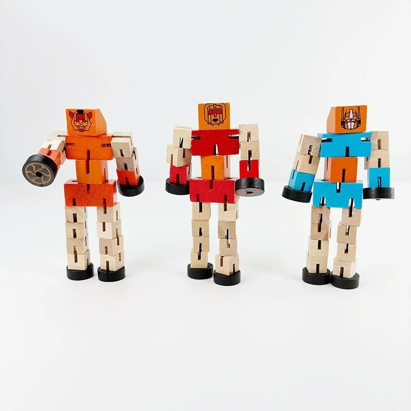 热卖木制变形魔方机器人 木质变身汽车人 木头人儿童益智积木玩