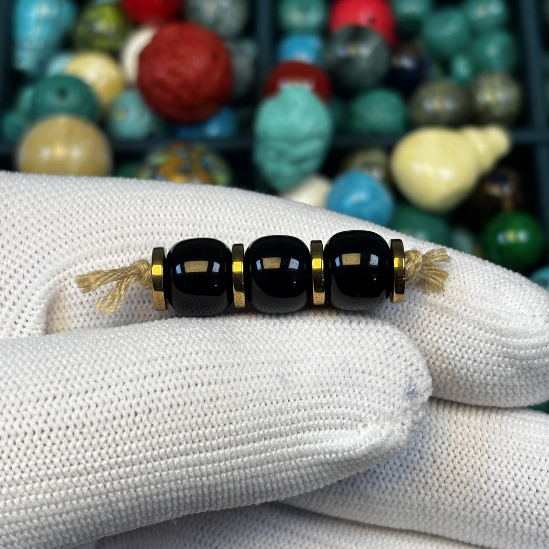 【B28】10mm黑色琉璃配珠带六隔片老型顶珠腰珠文玩配饰DIY手串配件
