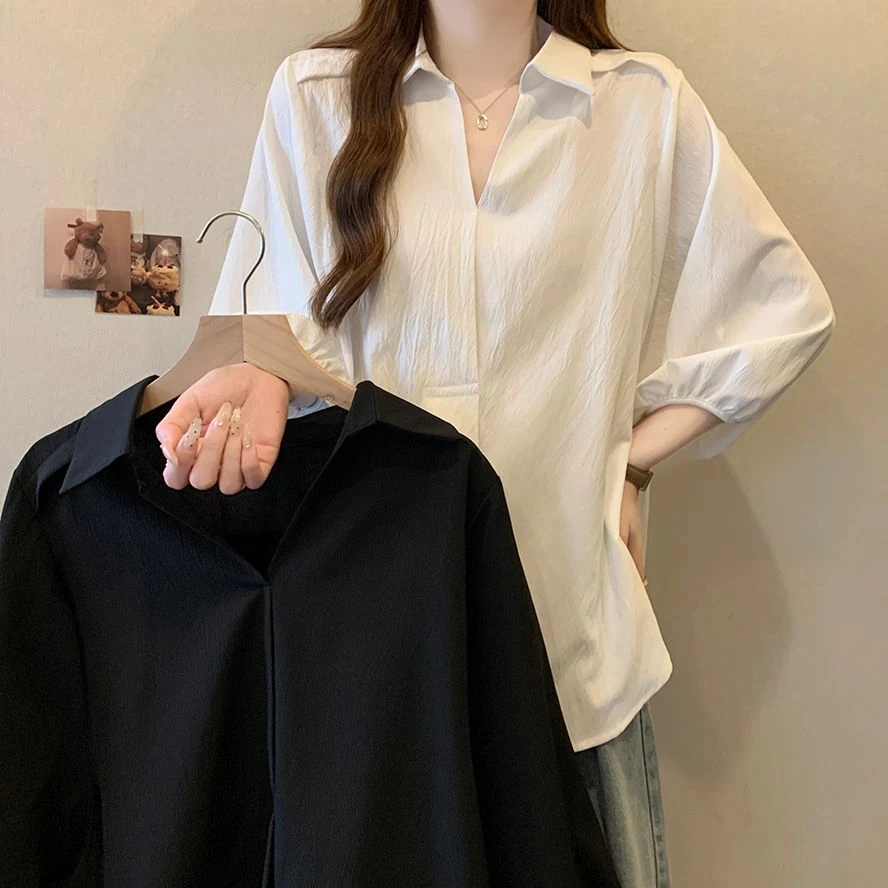 2025夏季新款大码宽松慵懒风纯色洋气设计感V领短袖衬衫上衣服潮