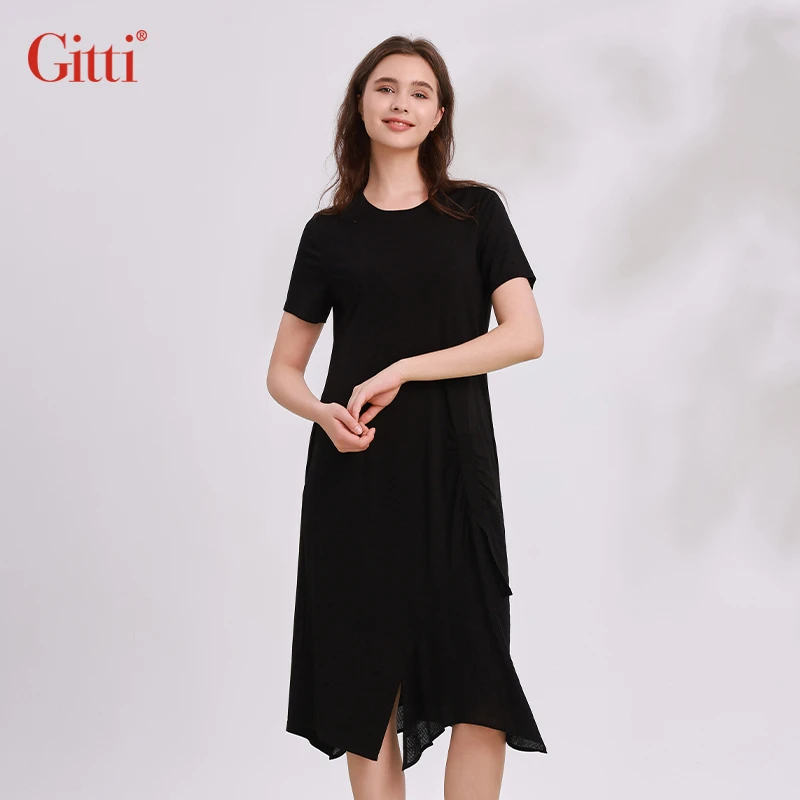 圆领时尚收腰不规则缩褶小黑裙气质连衣裙G251581