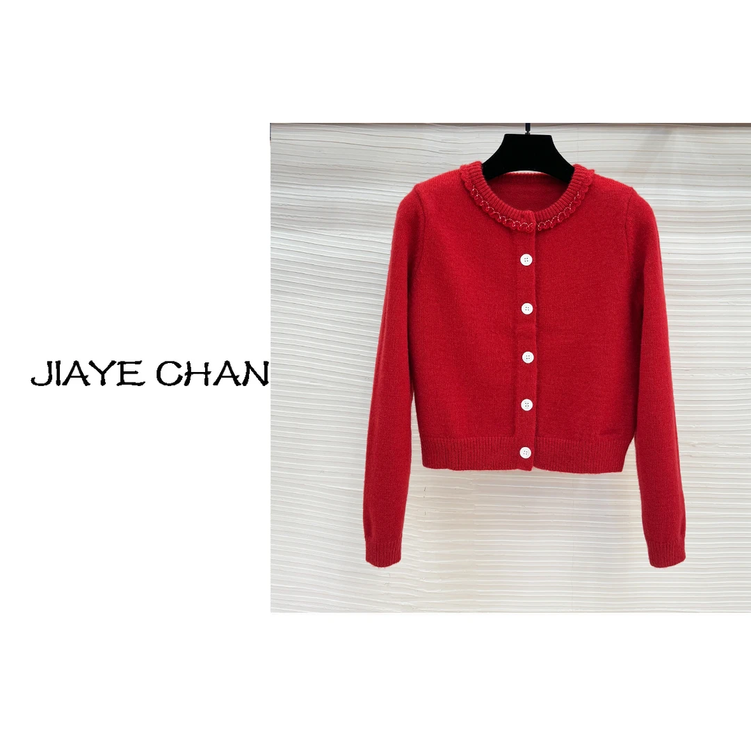JIAYE CHAN设计感法式花边领复古红单排扣针织开衫