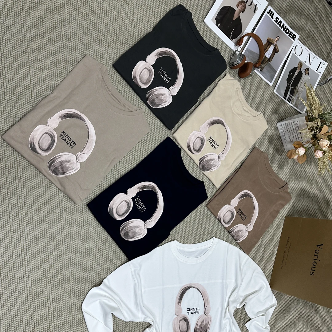 0917早春新款韩版宽松耳机印花短袖T恤女士时尚百搭