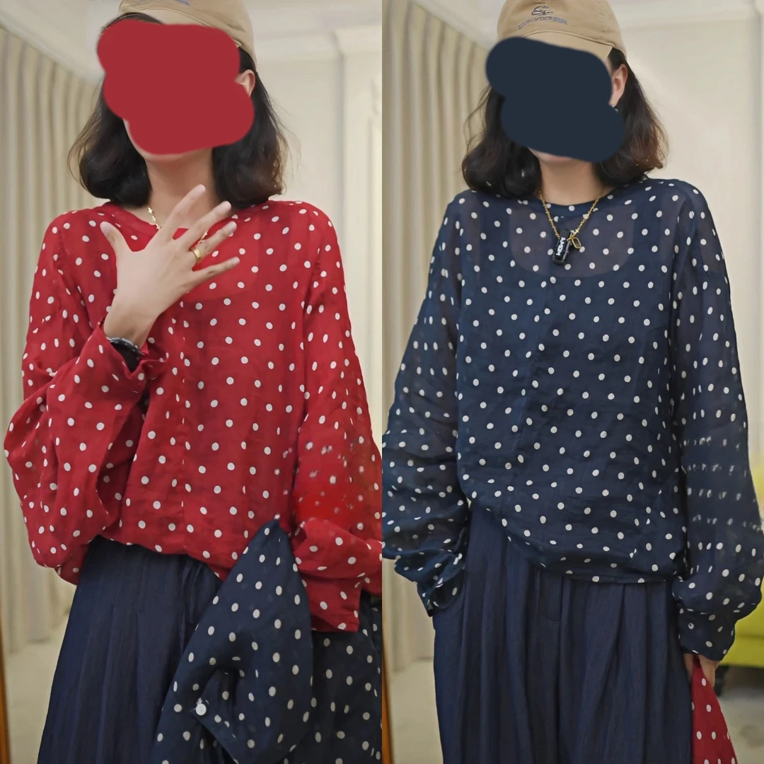 “波点控”轻质圆领蝙蝠廓形长袖衬衫双扣夏季上新女装薄款衬衣