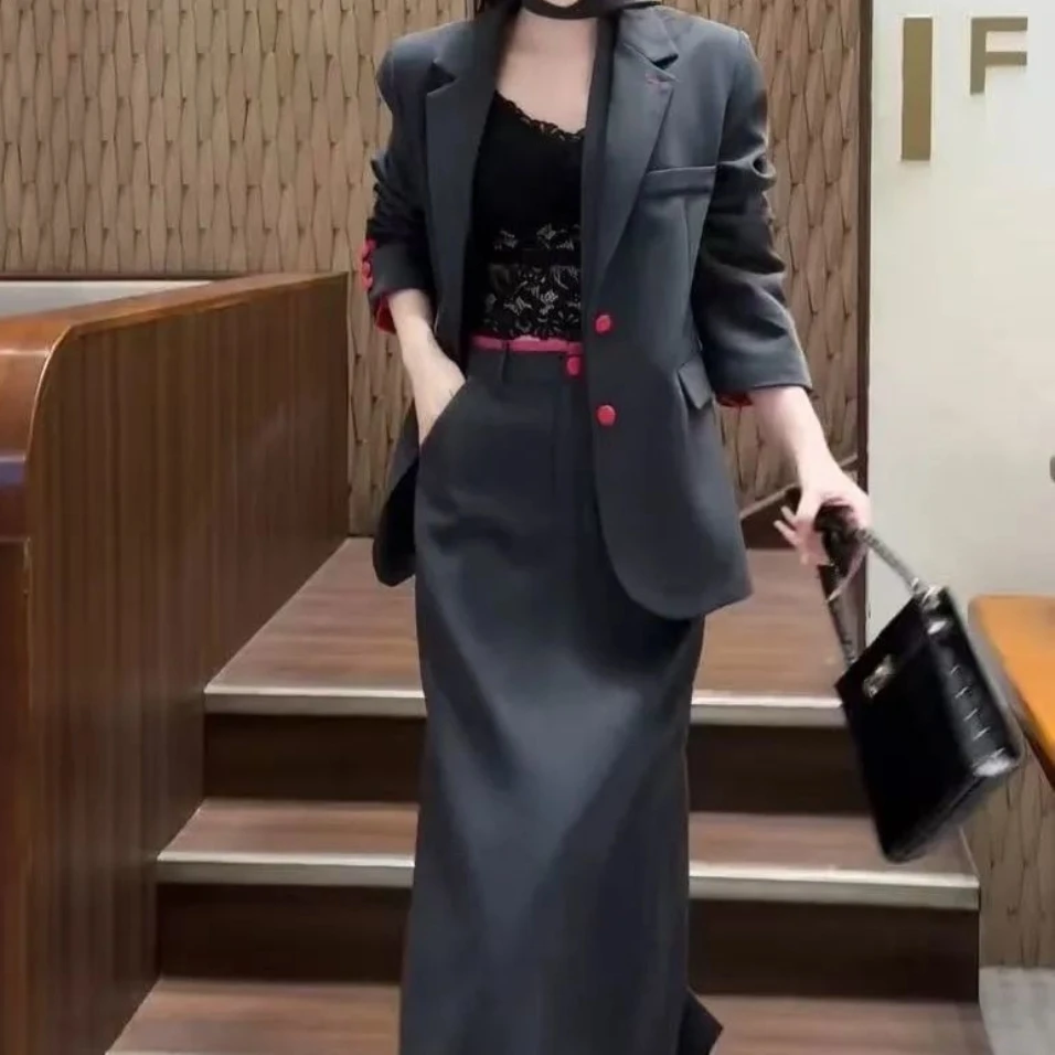 秋季显瘦时尚休闲西装外套半身裙纯色百搭套装