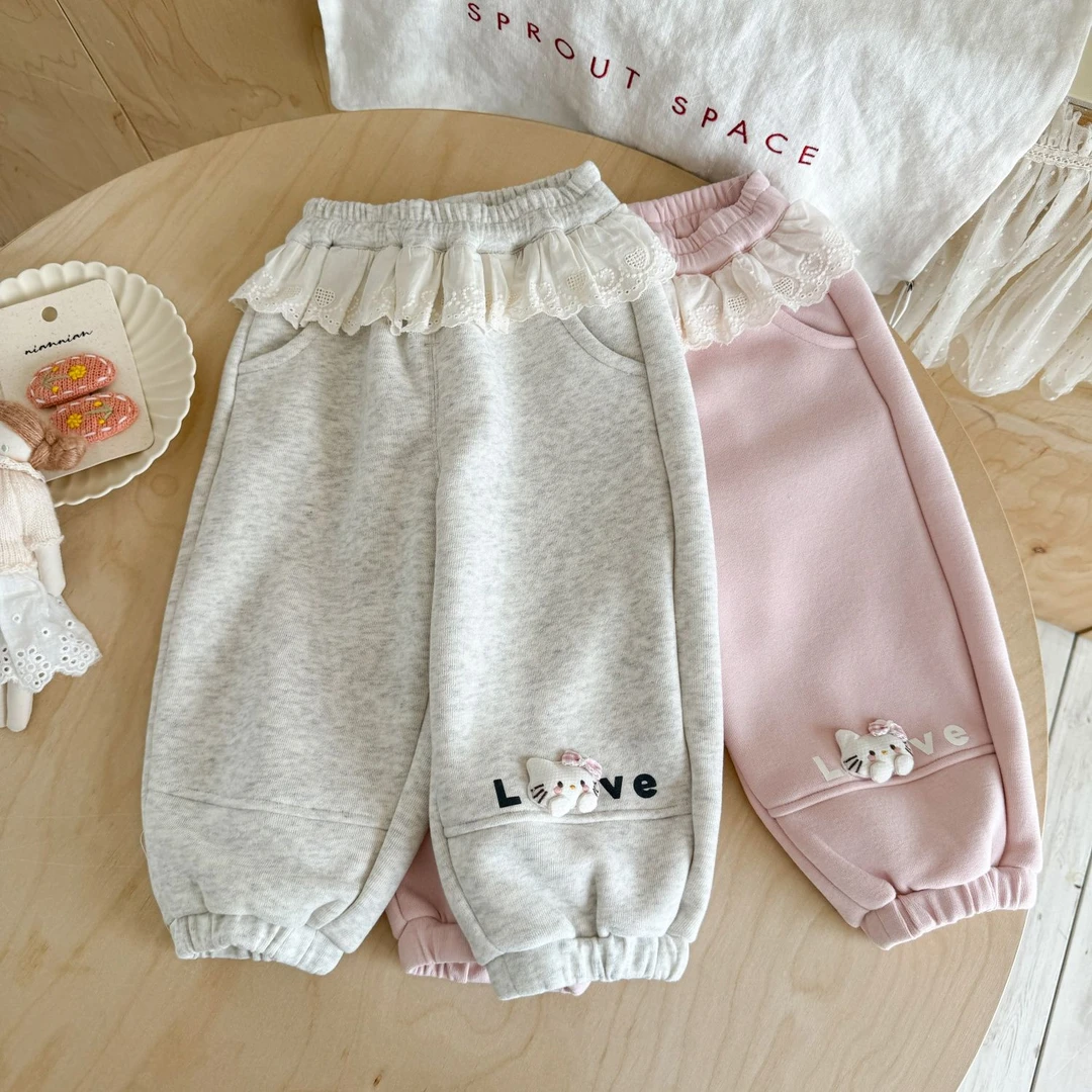 女童秋冬加绒卫裤花边卡通束脚长裤宝宝洋气外穿童装舒适保暖