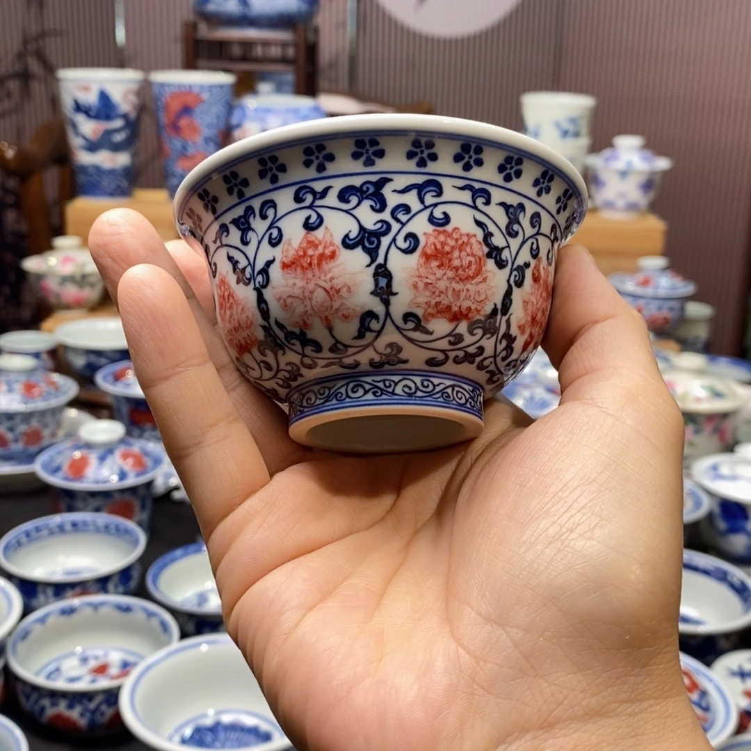 微瑕釉里红压手杯原矿手绘