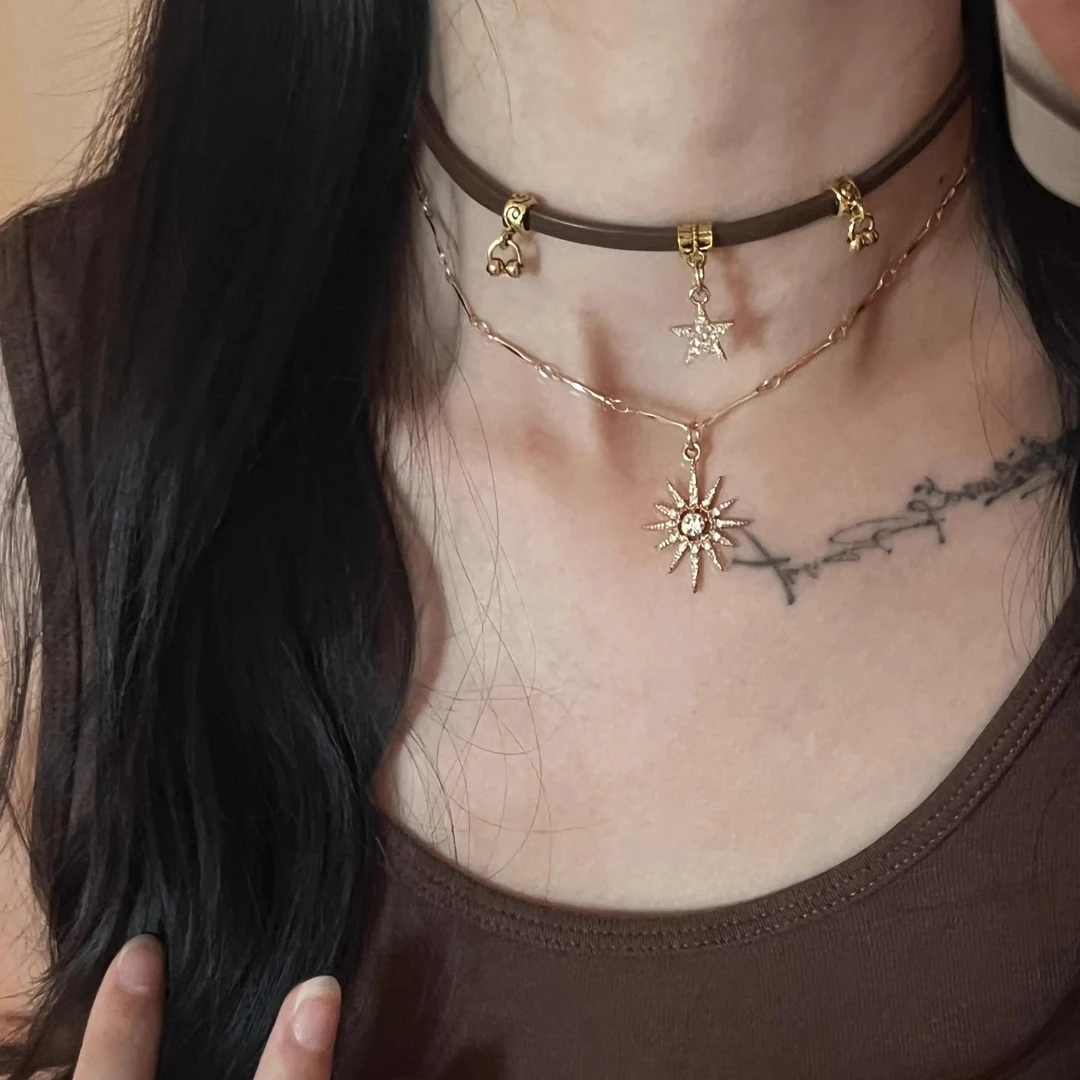 复古棕色太阳双层项链choker美拉德小众百搭颈链美式辣妹锁骨链女