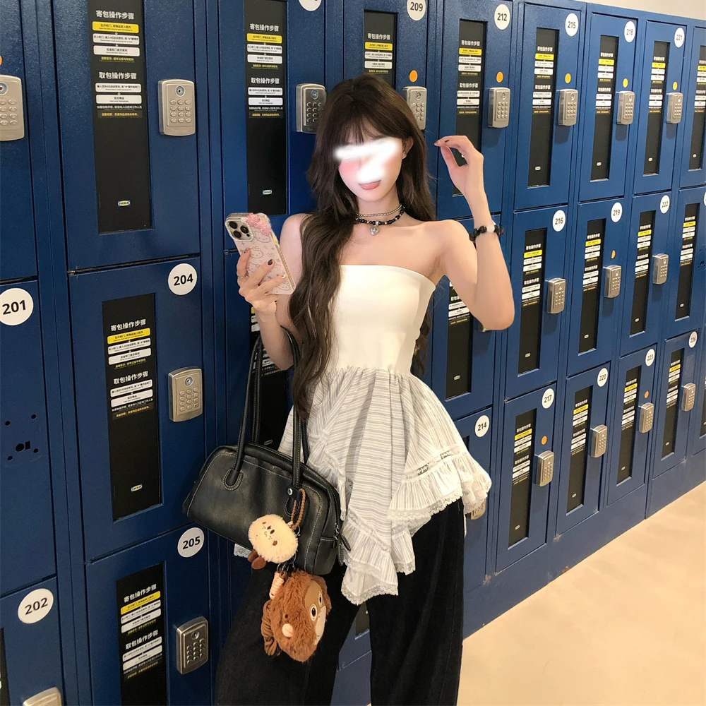 2025春夏新款设计感不规则抹胸半裙两穿女春花边拼接高级感上衣女