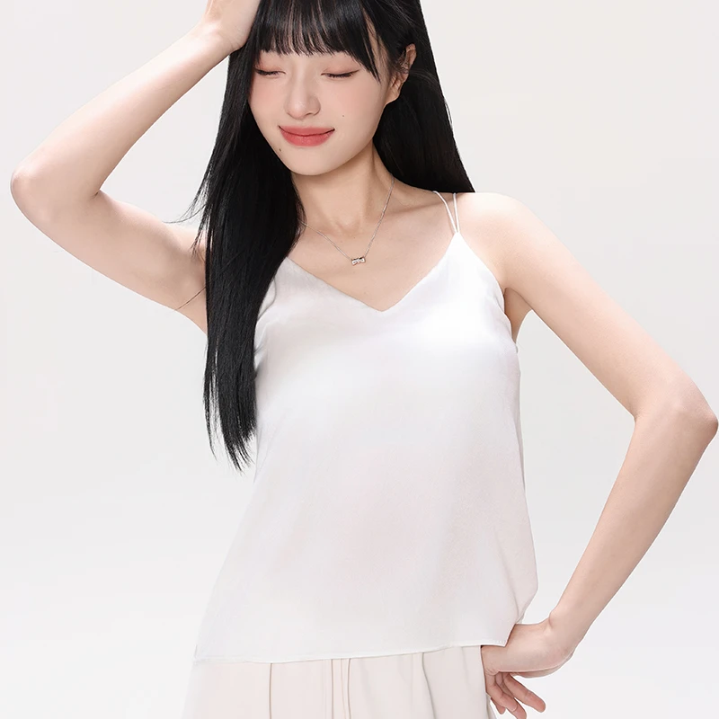 女士夏季防走光法式内衣带胸垫桑蚕丝背心抹胸V领真丝吊带打底衣