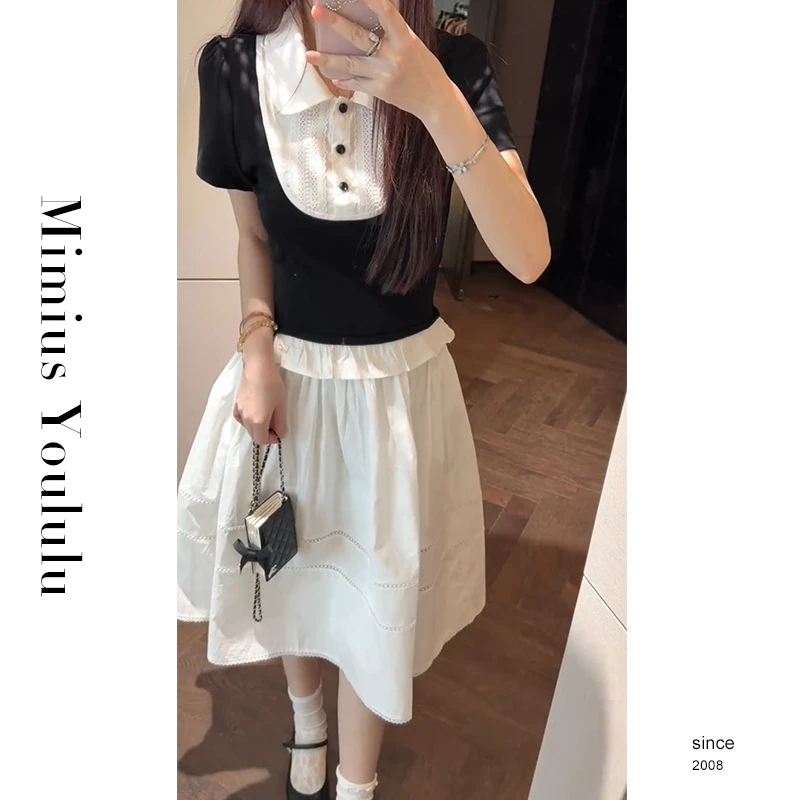 【mimius】肉肉 乖巧miu系撞色拼接上衣+花边半身裙 G05467