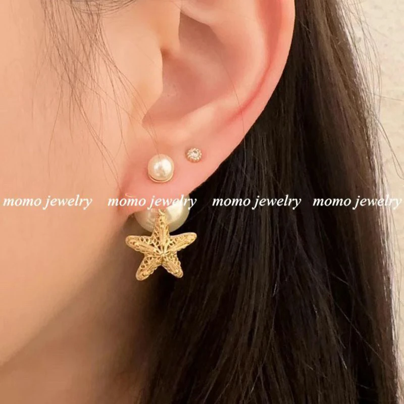 纯铜贝壳耳饰 高版海星耳环复古五角星珍珠耳钉镂空星星耳坠ins