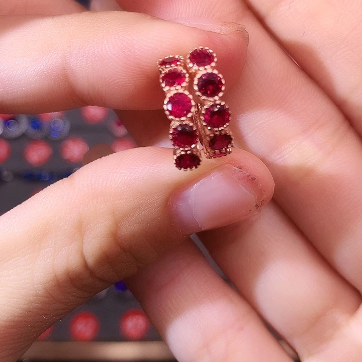 红宝石耳饰银S925镶嵌