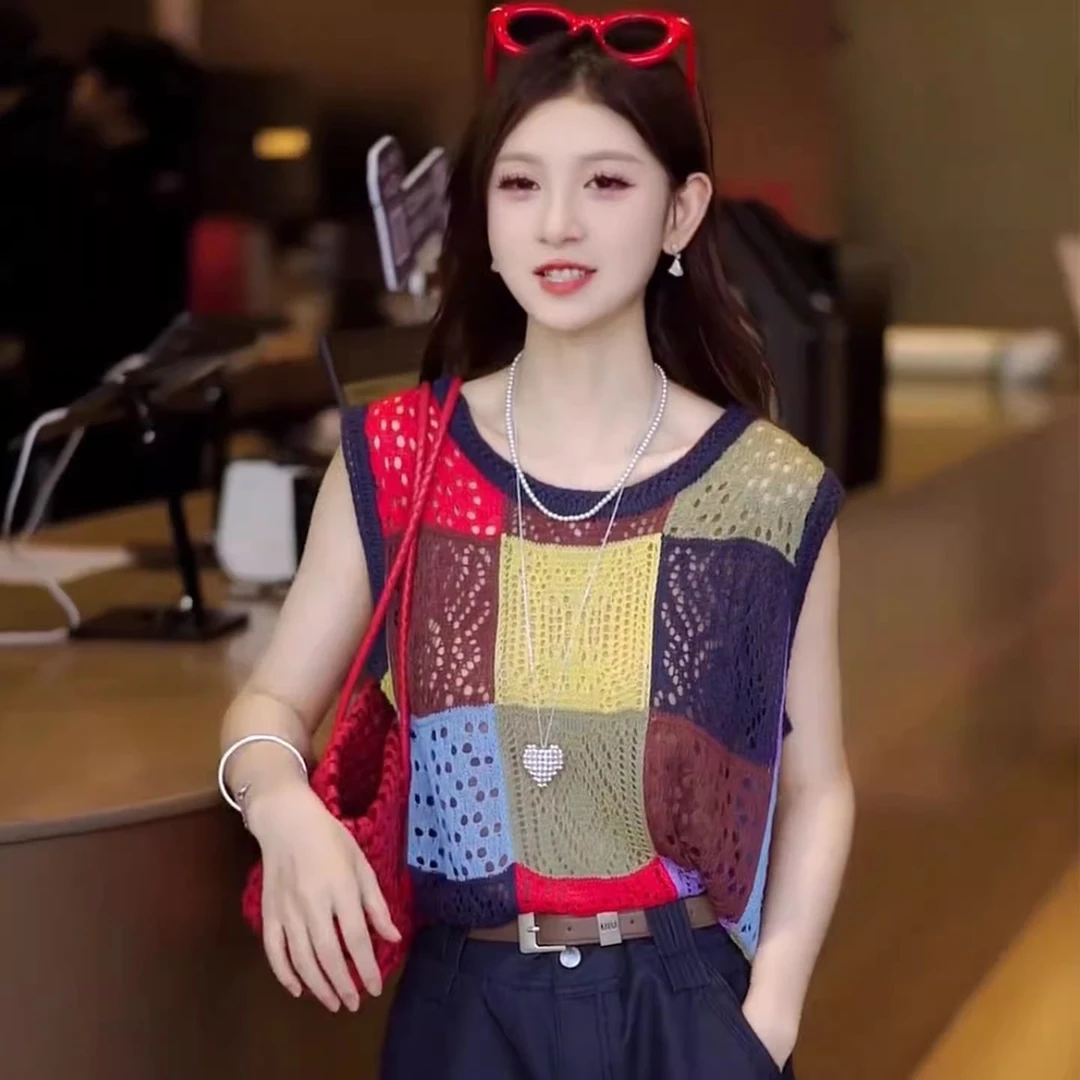 多胺巴彩色格子镂空针织吊带背心女夏外穿宽松显瘦高级感无袖上衣