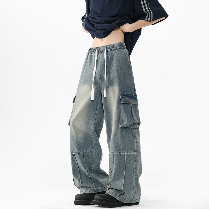 冬季牛仔裤男款宽松水洗工装男裤复古拼接男士美式青少年阔腿裤子