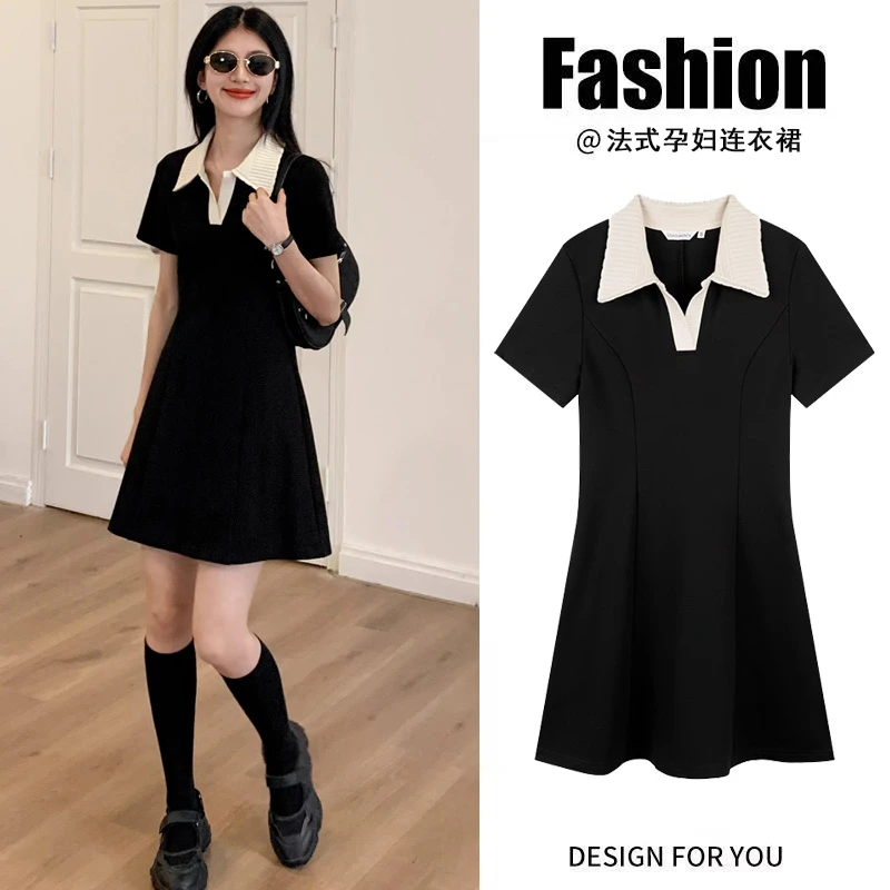 孕妈连衣裙夏季小个子时尚洋气POLO裙子显瘦法式潮流气质小黑裙
