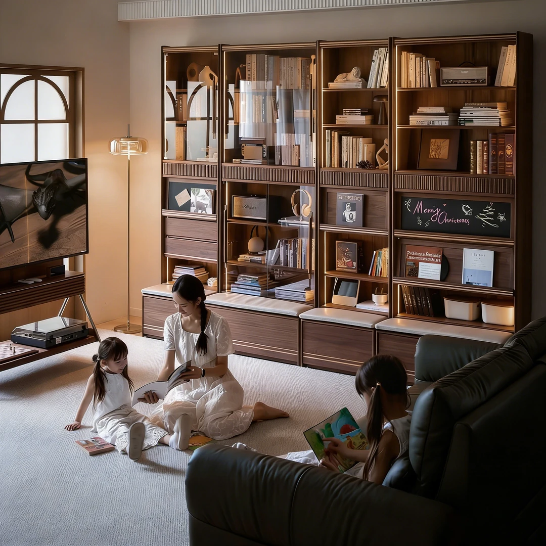 星罗满墙卡座书柜一体整墙客厅北美黑胡桃实木书架组合柜