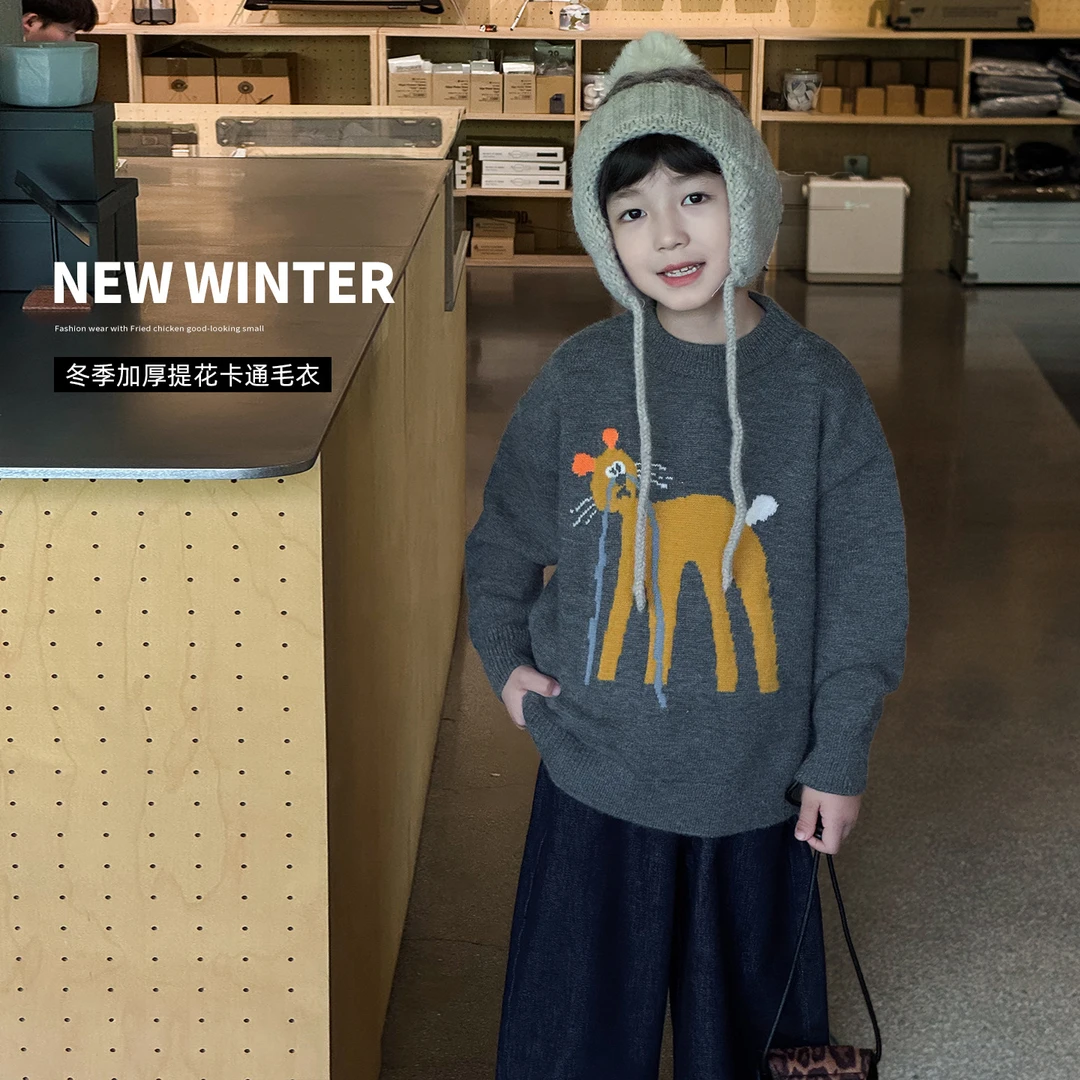 棉小班童装冬季卡通小猫提花宝宝针织衫宽松加厚儿童毛衣AMY5025