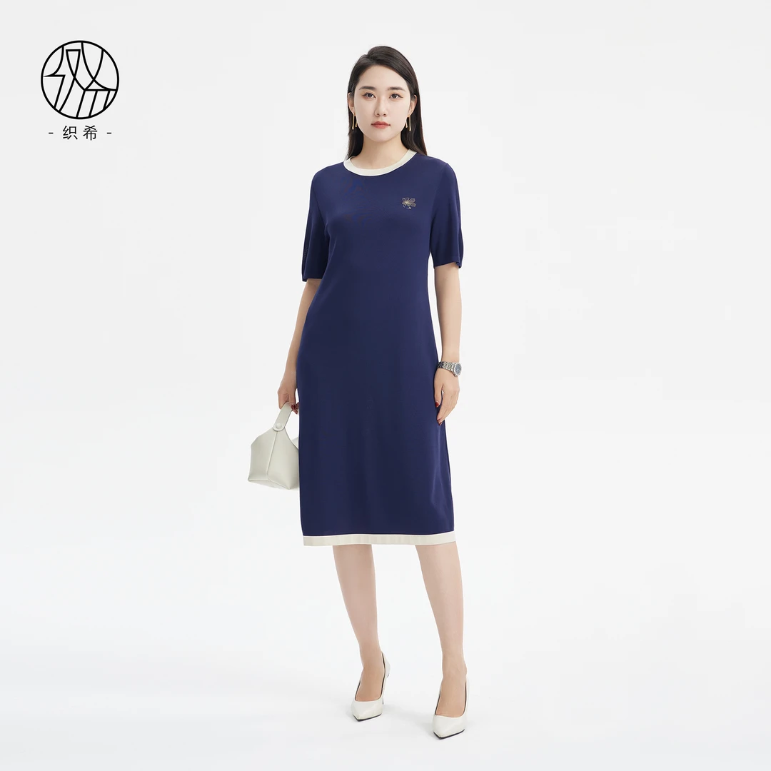 织希TESSITI｜夏季新款优雅神秘蓝刺绣装饰撞色针织连衣裙