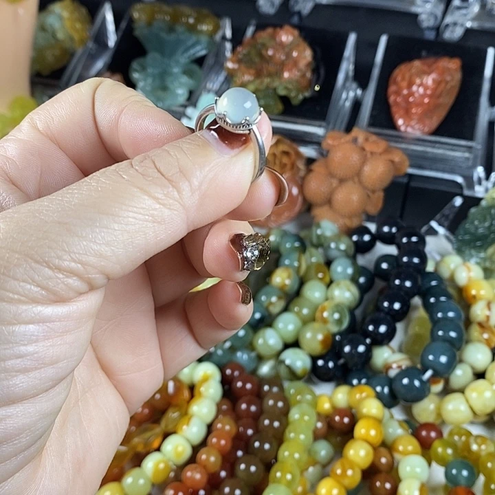 蛇纹石玉银S925镶嵌戒指