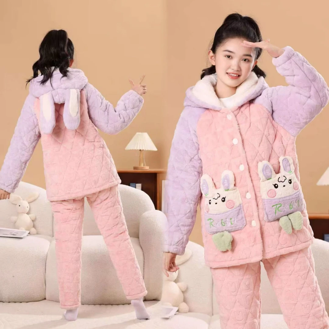 887 冬季新款女大童蝴蝶结小兔口袋三层夹棉加厚家居服套装