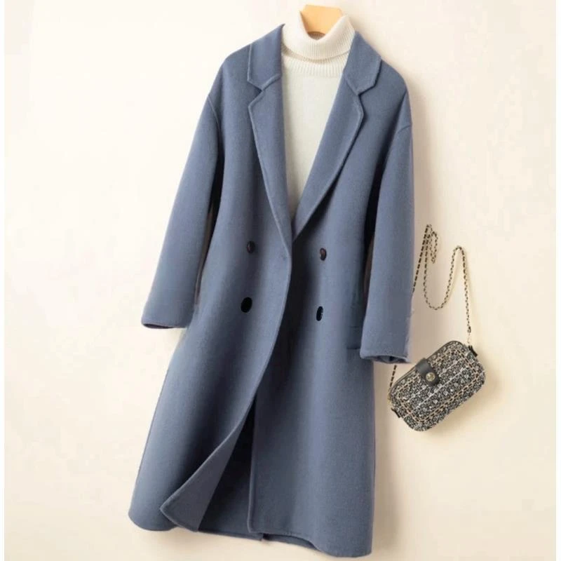 新新定制-落肩翻领西装领长款双面毛呢大衣双口袋外套57633