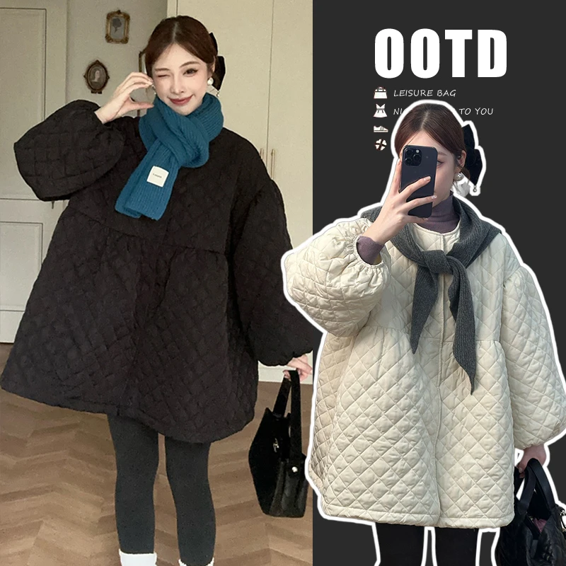 韩系2025冬季款孕妇装保暖舒适外穿日常穿搭设计感单排扣菱格棉服