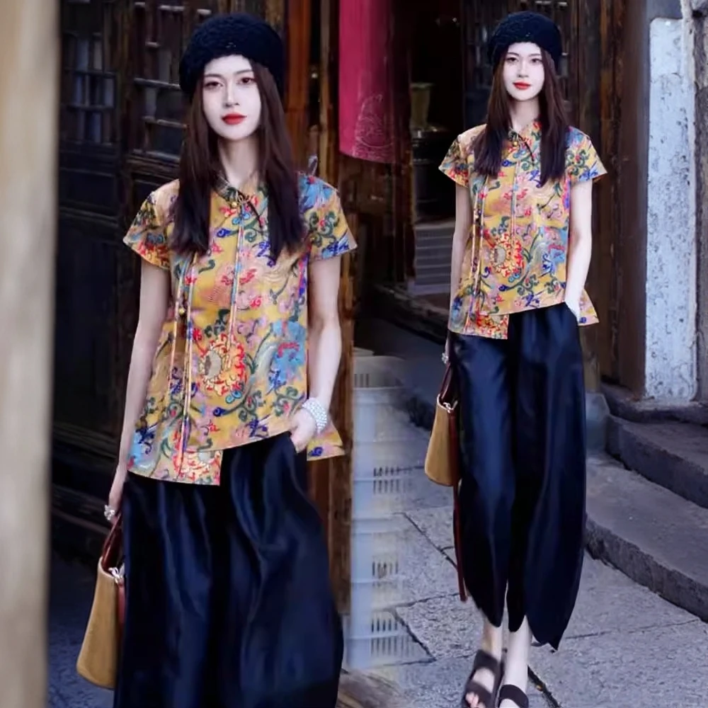 新中式套装女2025夏季新款洋气复古气质衬衣阔腿裤女款两件套