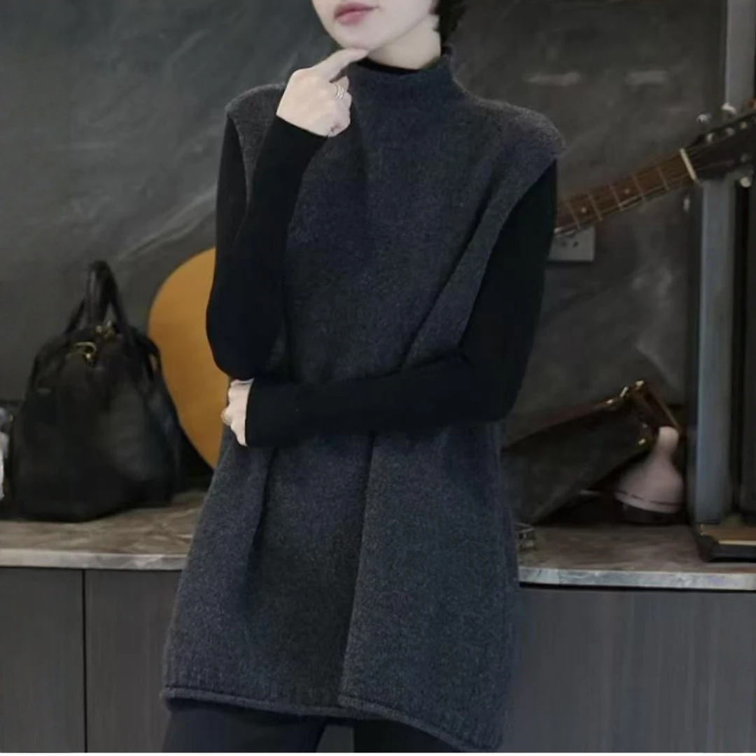 加厚毛混纺立领无袖针织衫马甲内搭2025冬季新款宽松显瘦大码毛衣