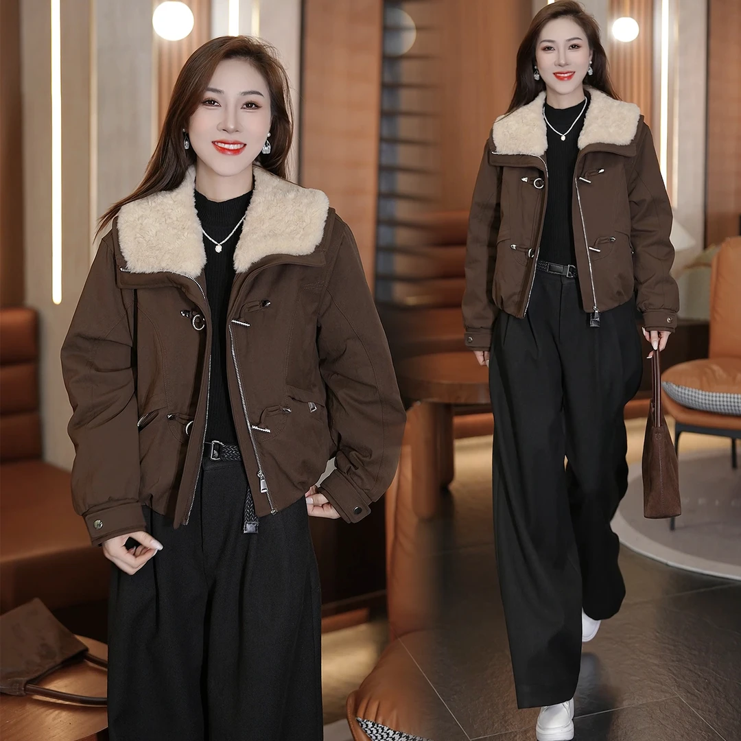 时尚短款毛领棉服女2025冬季新款小个子洋气宽松百搭加厚棉衣外套