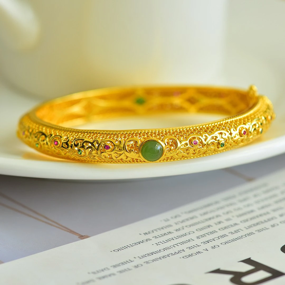 s925银镶和田玉碧玉镂空手镯15817#