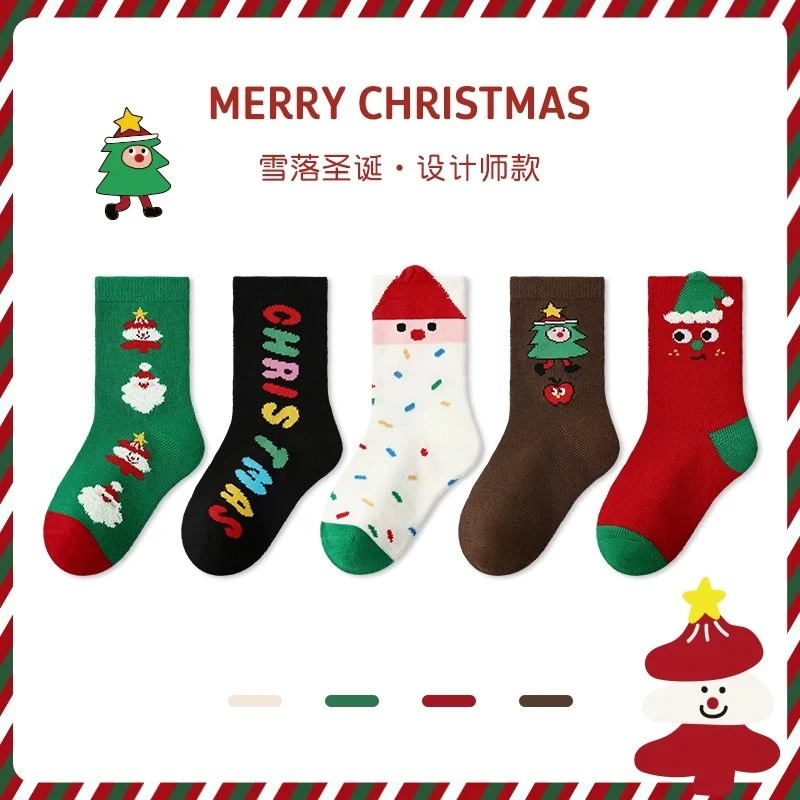 【圣诞袜】儿童袜子秋冬季新款圣诞袜精梳棉卡通雪人女宝中筒袜