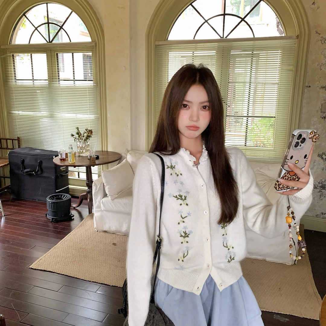 PEARL 手工刺绣针织开衫保暖毛衣（含44.4绵羊毛）(33.3兔毛+浣熊