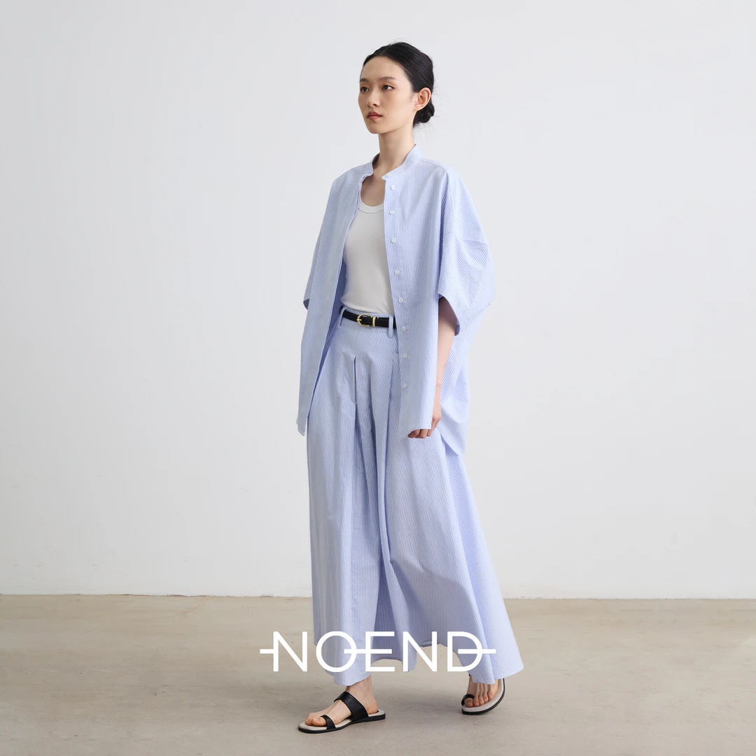 NOEND【董璇 同款】度假清晨 小立领跨肩袖衬衫 高腰半身裙套装