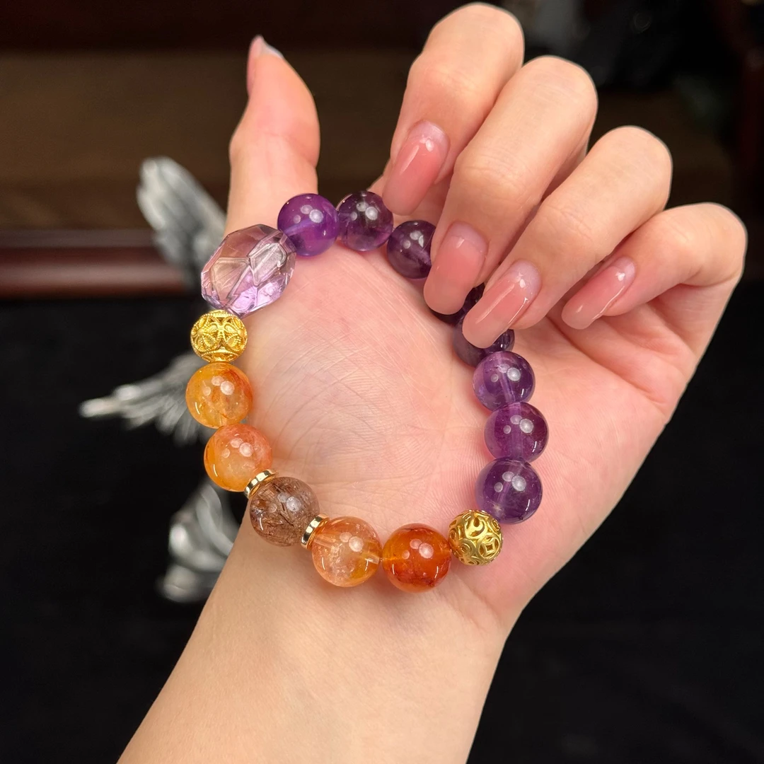 九紫离火-富主（随形紫黄金+紫水晶+黑金超七）天然水晶手链/手串