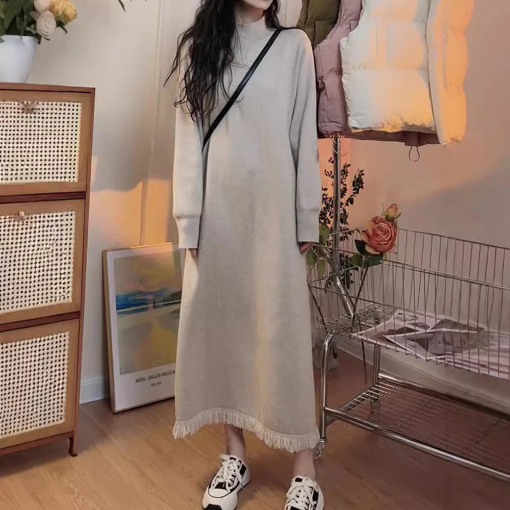 长款下摆流苏半高领毛衣裙直筒过膝长裙针织连衣裙女