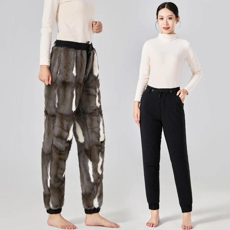 金狸貂皮毛一体裤子女士貂皮棉裤高腰皮草裤子加绒加厚冬季长裤