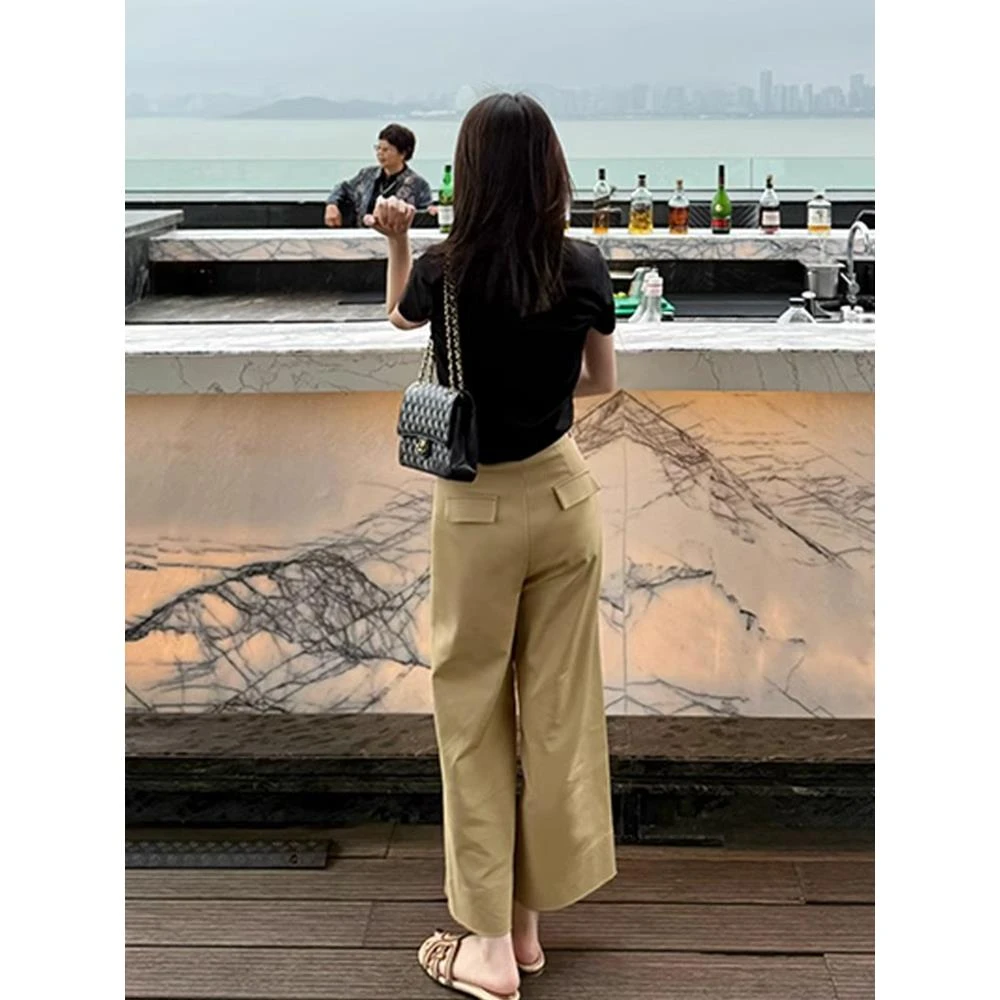 夏装搭配一整套小个子时髦卡其色直筒九分休闲裤宽松显瘦两件套装