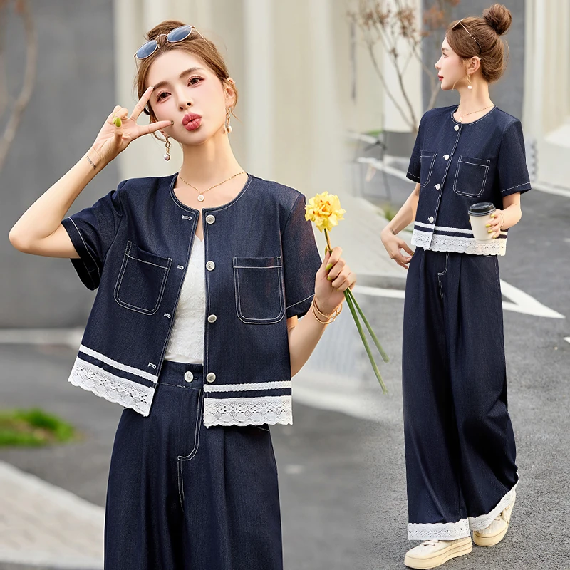 蕾丝拼接牛仔套装女2025年夏季新款休闲时尚洋气减龄阔腿裤两件套