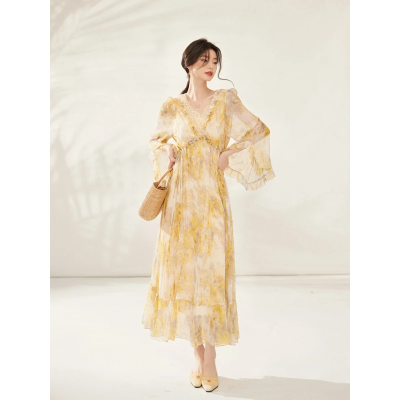 真丝连衣裙春季新款高端气质桑蚕丝仙女度假长裙