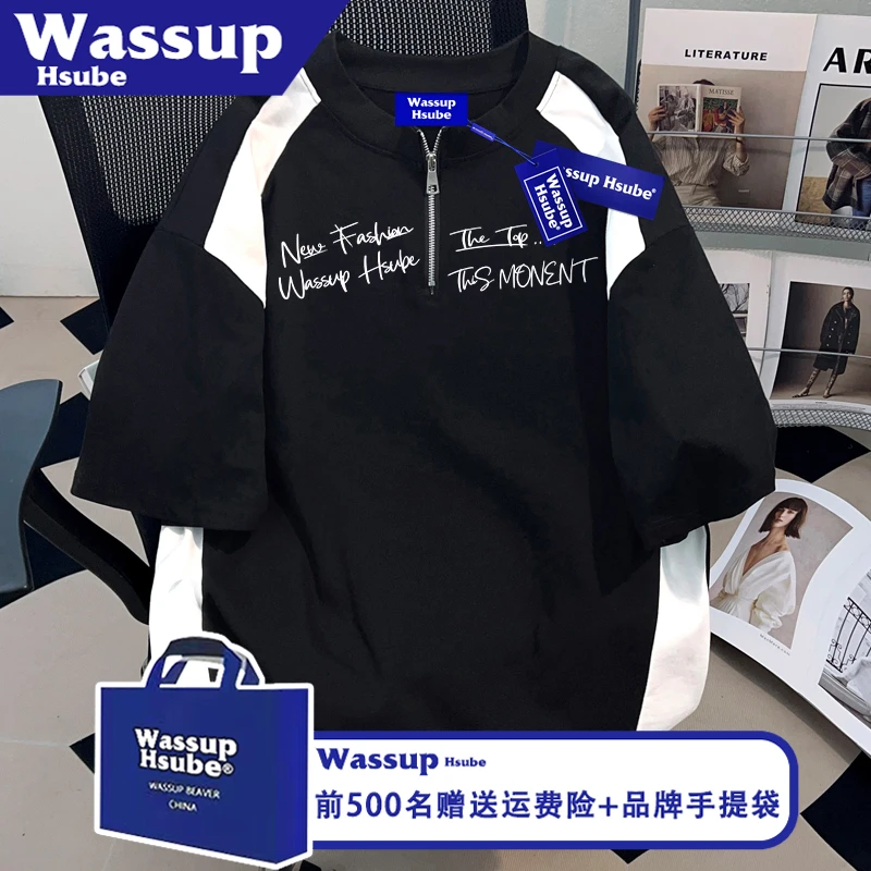 WASSUP HSUBE国潮纯棉T恤ins艺术字母印花短袖夏男女拉链设计上衣