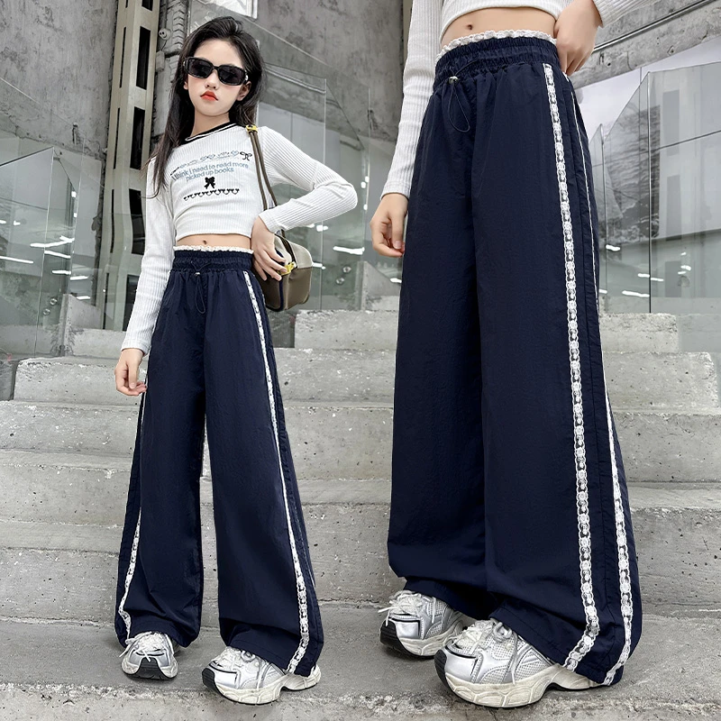 女童裤子休闲裤春秋装新款中大童洋气韩版蕾丝阔腿裤宽松直筒裤潮