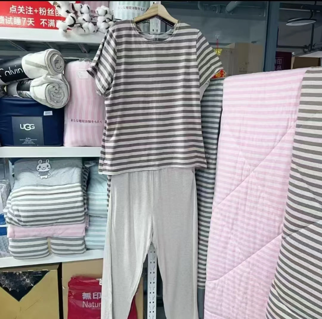 天竺棉全棉家居服时尚百搭夏季家居服圆领条纹简约夏天短袖套装