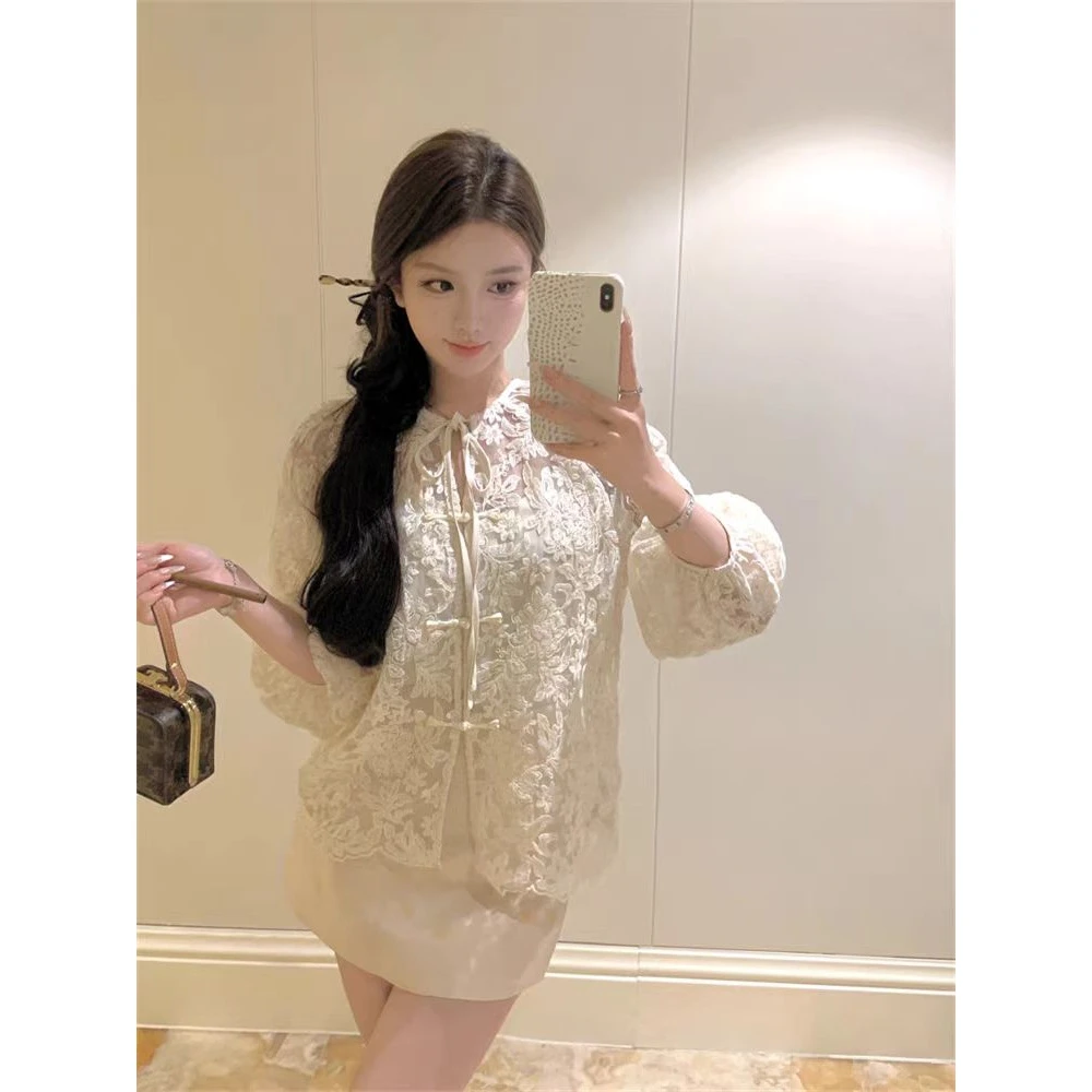 中国风镂空蕾丝显瘦气质时尚夏季法式泡泡袖重工353#