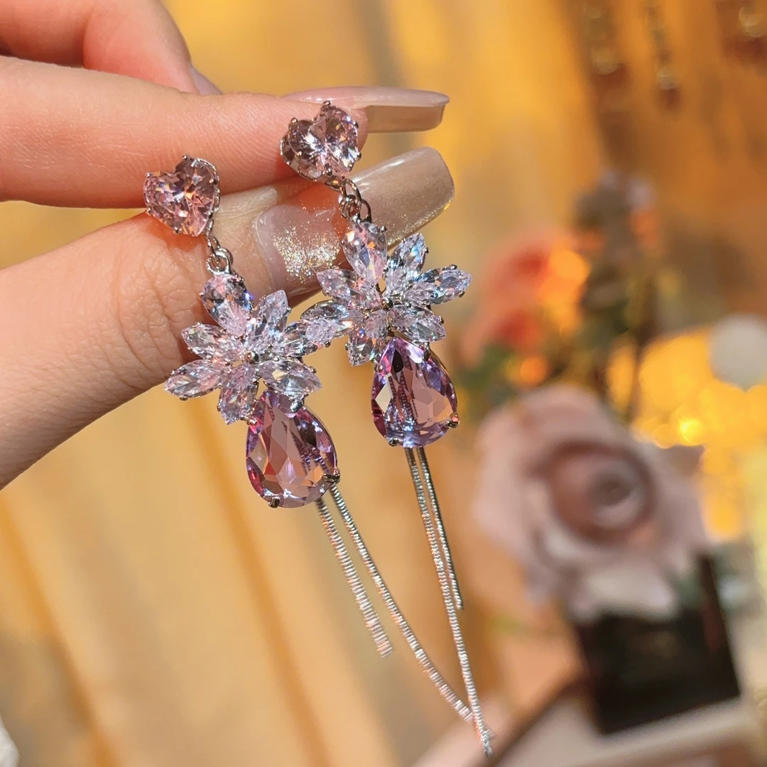 铜合金耳饰 兮美】超闪锆石雪花爱心长款流苏耳环气质轻奢时尚耳钉