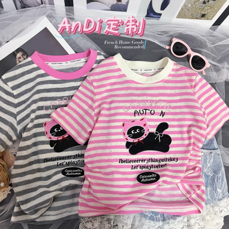 〖ANDI〗安迪订制女童时尚小猫咪条纹时尚洋气短袖4058