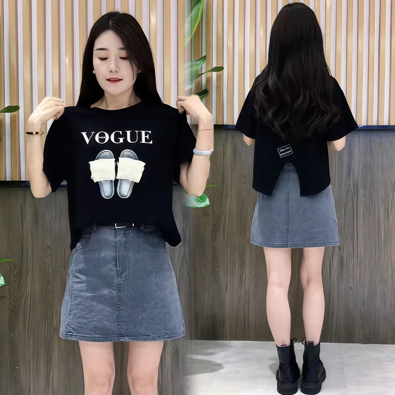 高含棉百搭圆领印花拼接短袖t恤女2025夏季新款简约宽松显瘦上衣