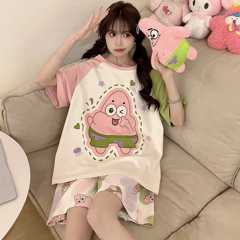 派大星睡衣女款夏季纯棉短袖短裤薄款可爱加大码200斤学生家居服