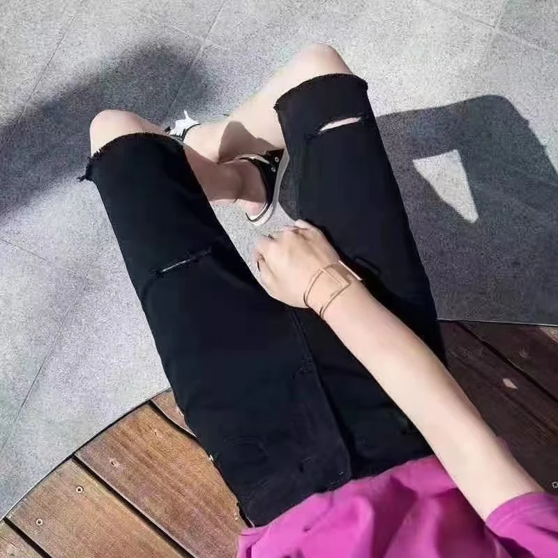 黑色高腰胖妹妹五分裤女夏季直筒破洞短裤弹力紧身薄款显瘦中裤子