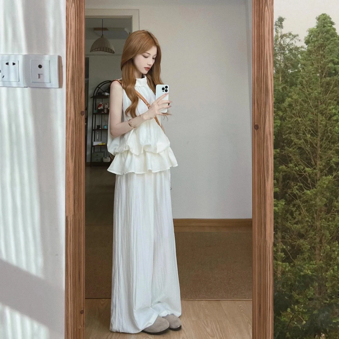 甜美奶乖套装荷叶边白色无袖背心女夏季穿搭休闲阔腿裤长裤两件套